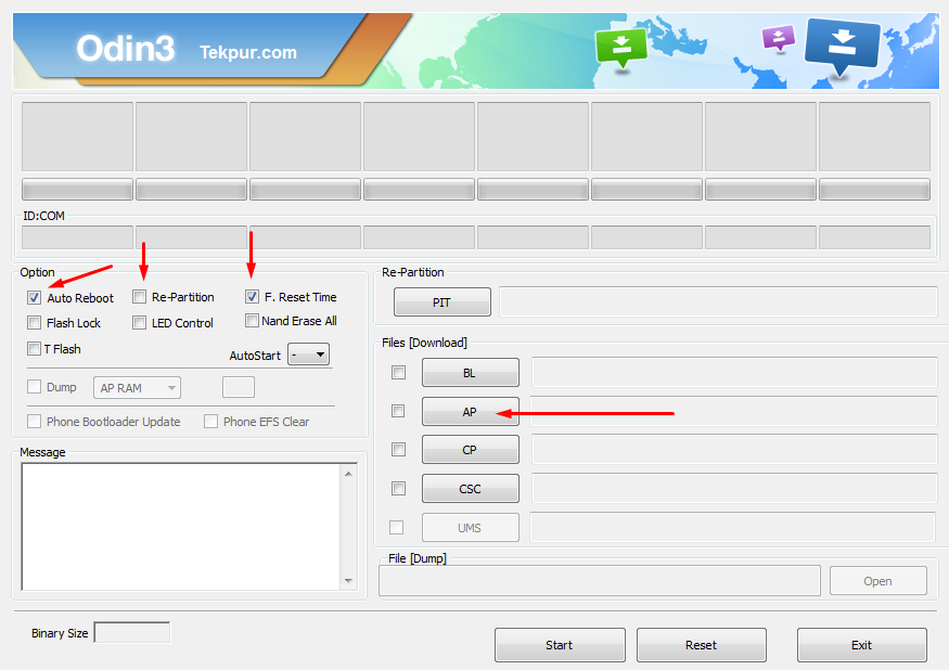 Odin Options After Selecting CF-Auto Root Package